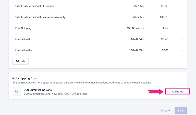 Add Rates button on the Manage Rates page in Shopify